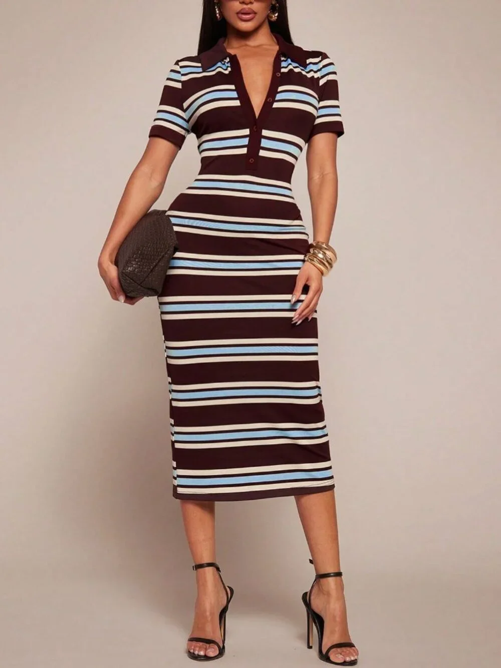 Multicolor Casual Women's Striped Short Sleeve Polo Collar Dress